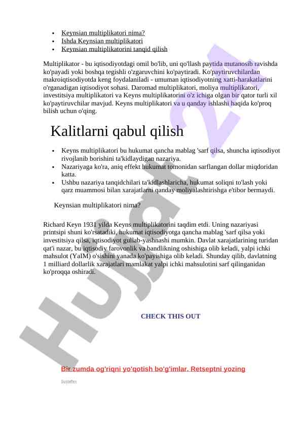 Keynsian multiplikatori va iqtisodiy ta'siri