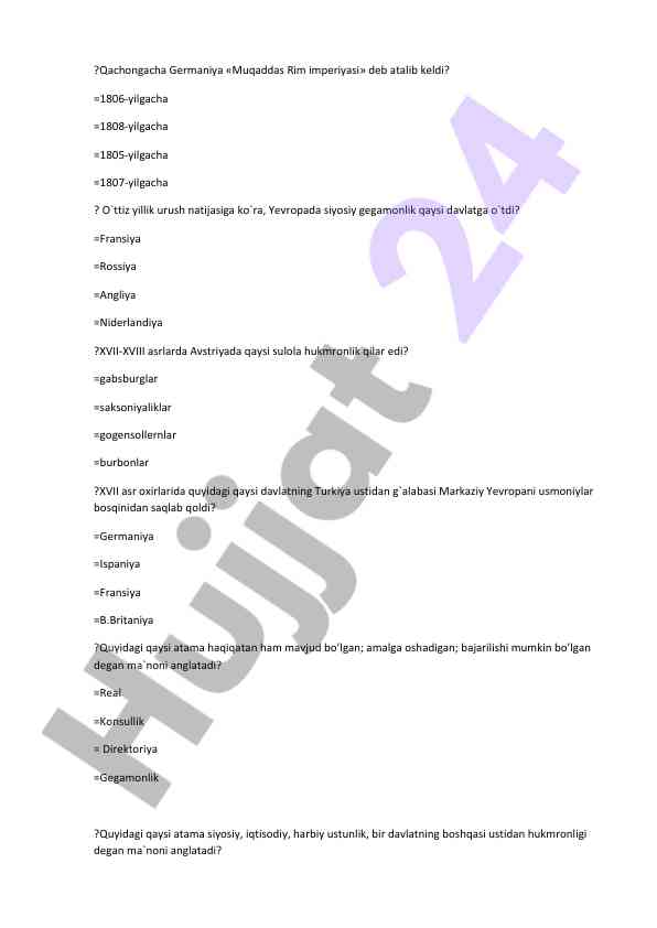 Tarixiy savollar bilan test sinovi