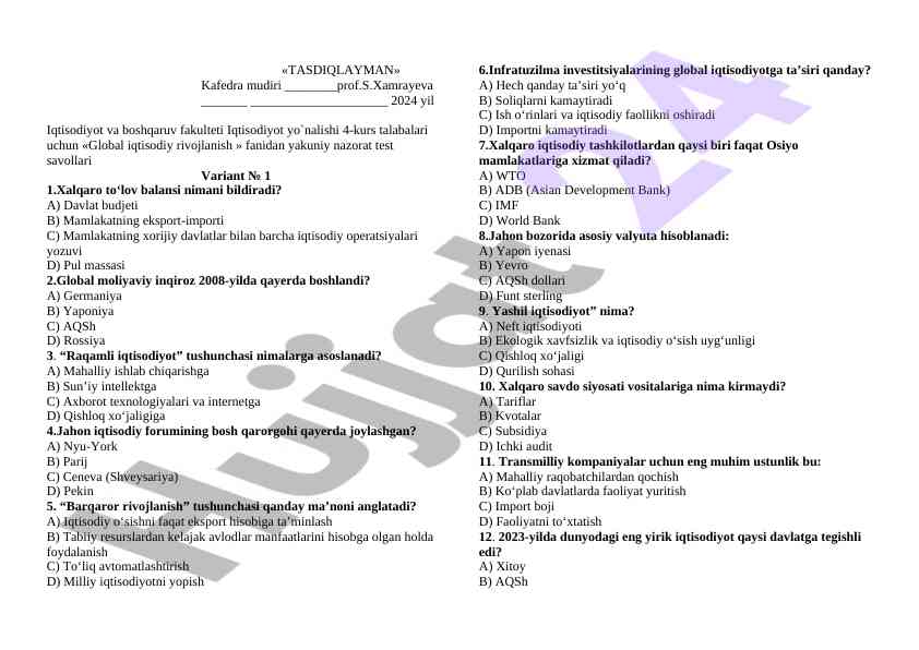 Global iqtisodiy rivojlanish fanidan yakuniy nazorat
