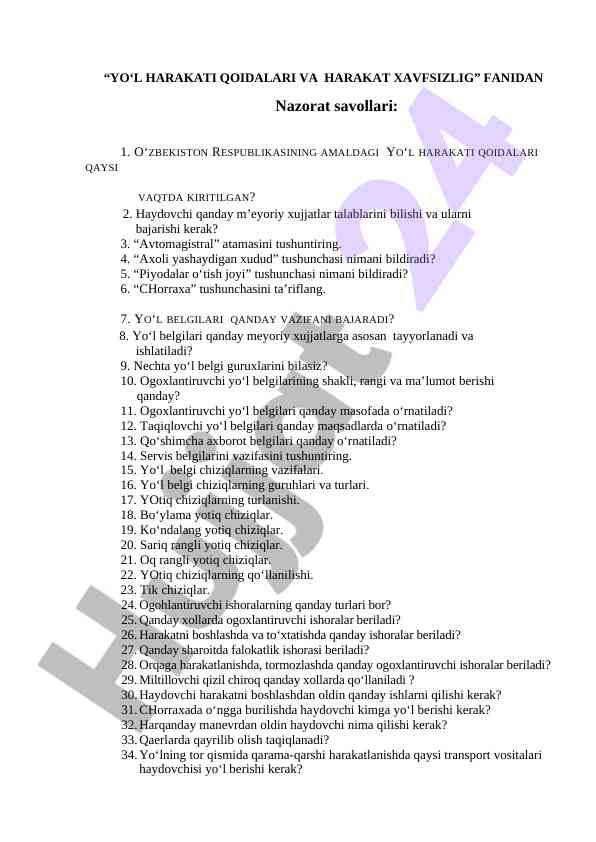 Yo‘l harakati qoidalari va harakat xavfsizligi testlari