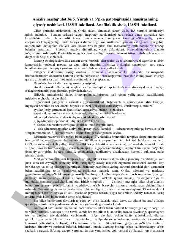 Yurak va o‘pka patologiyasi tashhisoti o‘rganilishi