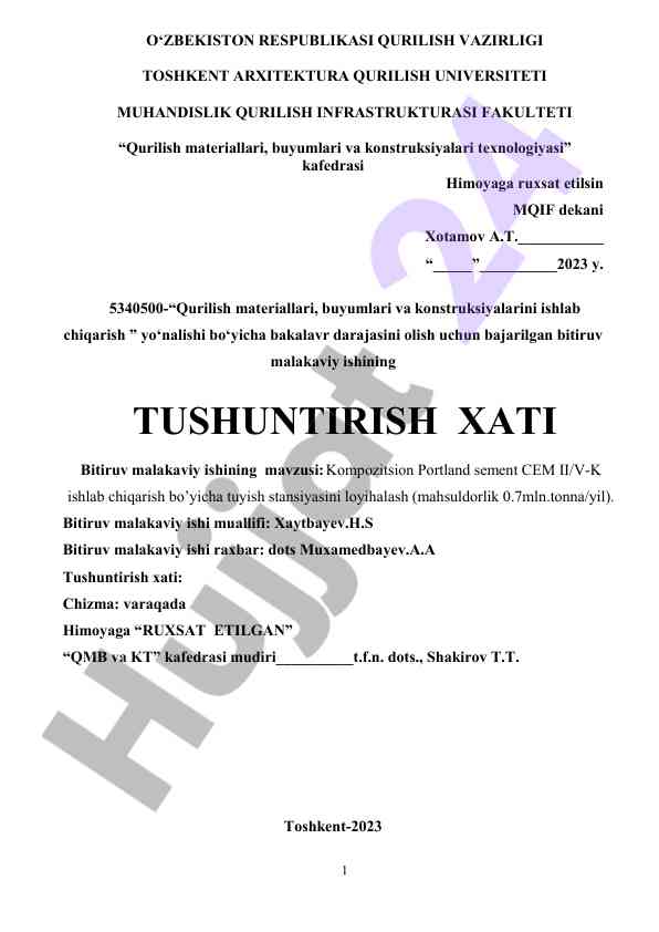 Kompozitsion portland sement loyihalash tushuntirish