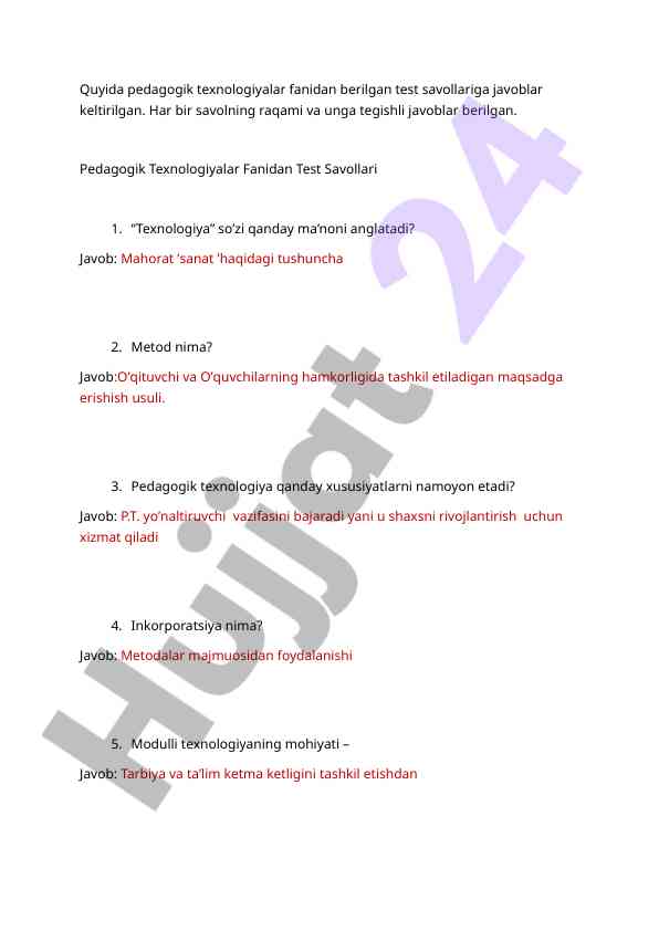 Pedagogik texnologiyalar fanidan test savollari