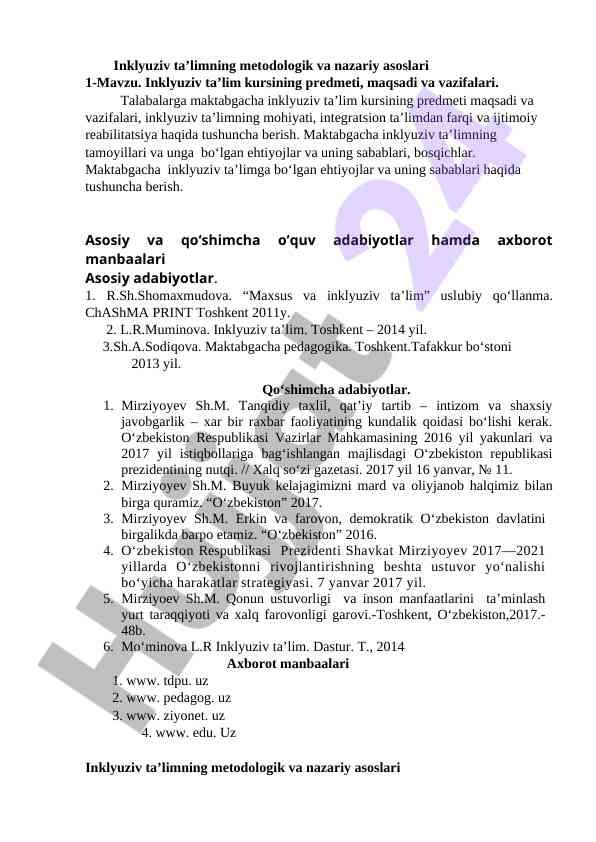 Inklyuziv ta’limning metodologik asoslari