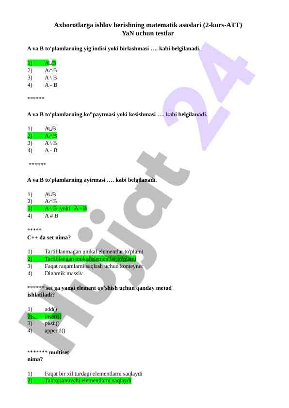 Matematik asoslar bilan axborotlarga ishlov berish