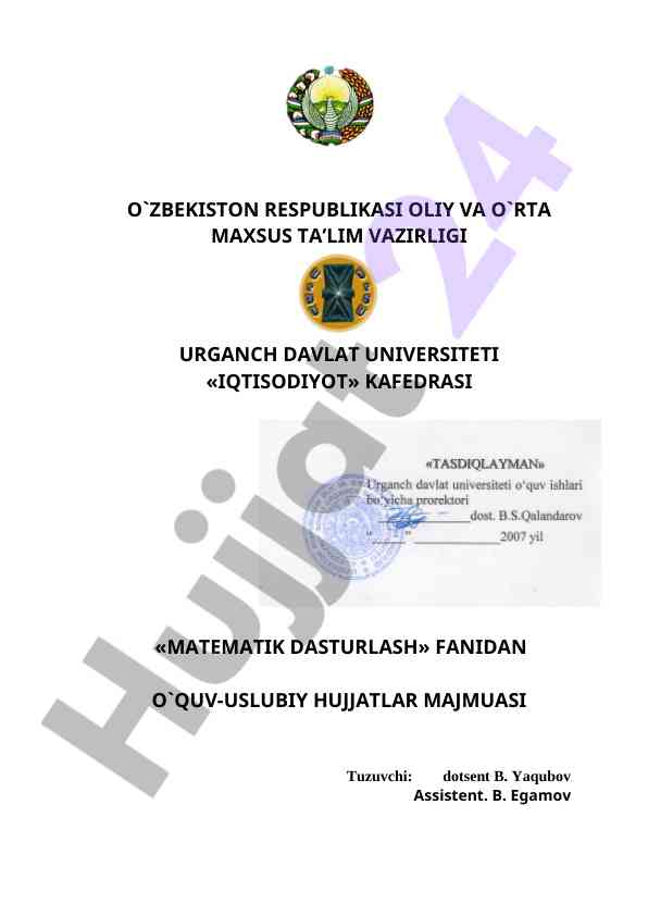 Matematik dasturlash fanidan o'quv-uslubiy hujjatlar