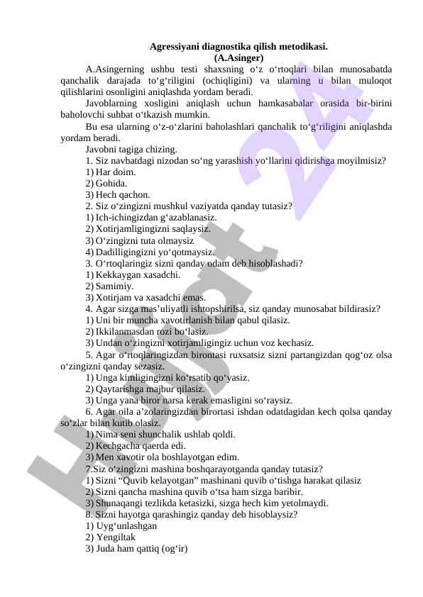 Agressiyani diagnostika qilish metodikasi