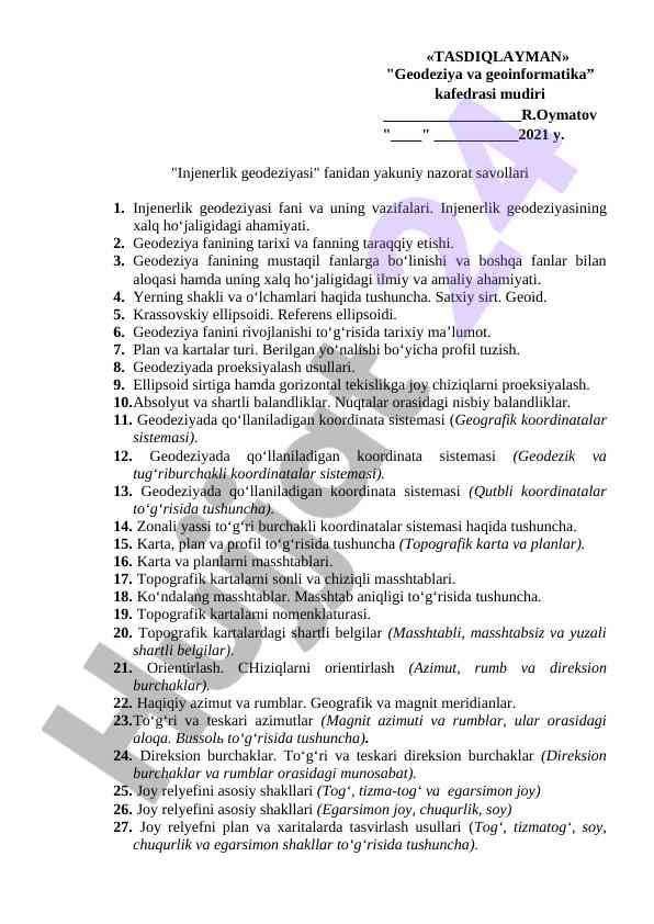 Injenerlik geodeziyasi fanidan yakuniy nazorat savollari