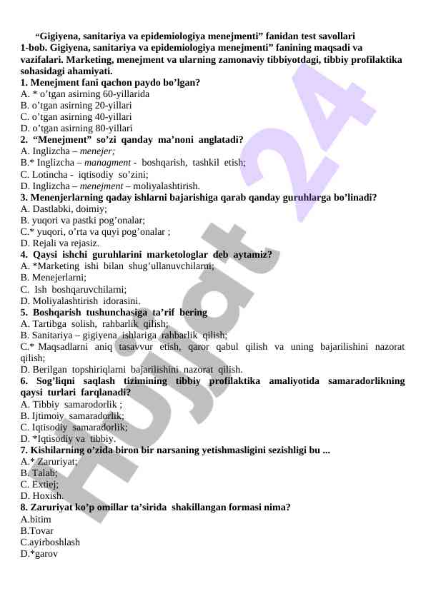 Gigiyena sanitariya va epidemiologiya menejmenti test