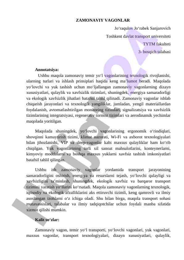 Zamonaviy vagonlar: rivojlanish va texnologik yangiliklar