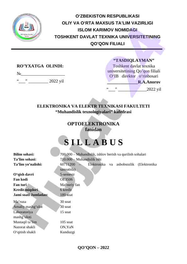 Optoelektronika fani sillabusi 2022