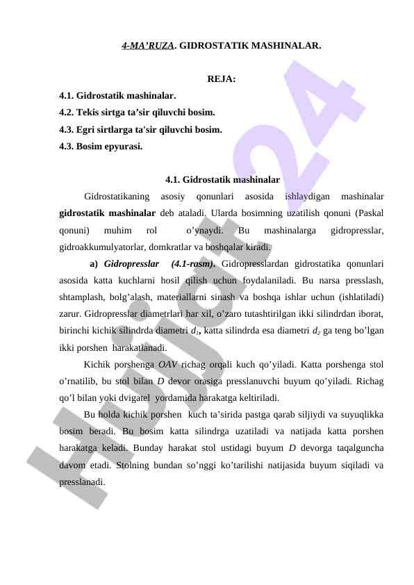 Gidrostatik mashinalar va bosim epyurasi