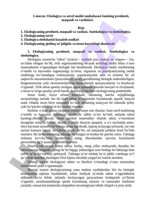 Ekologiya va atrof-muhit muxofazasi fanining asoslari