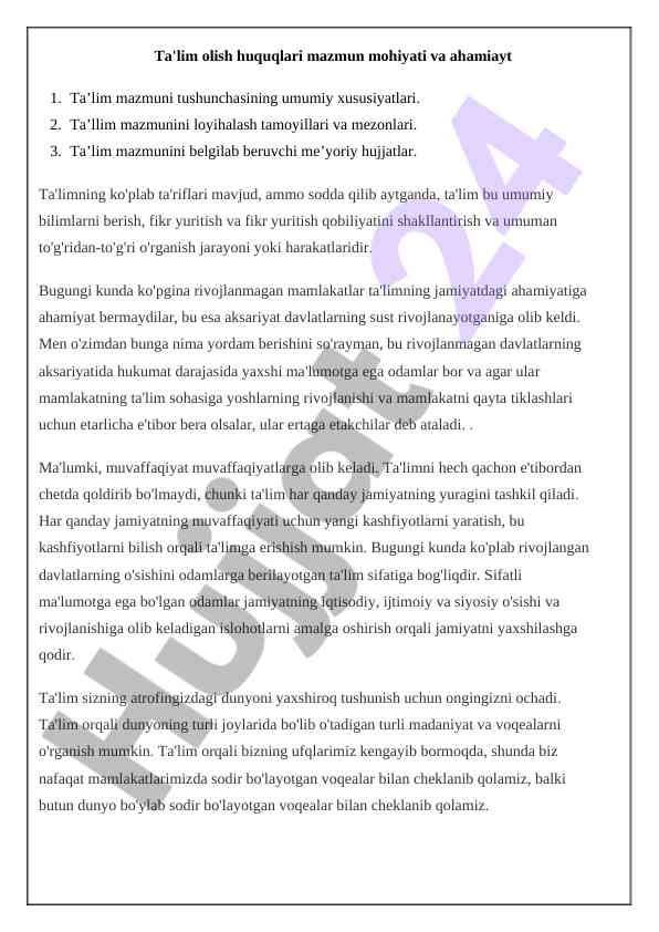 Ta'lim olish huquqlari mazmuni va ahamiyati