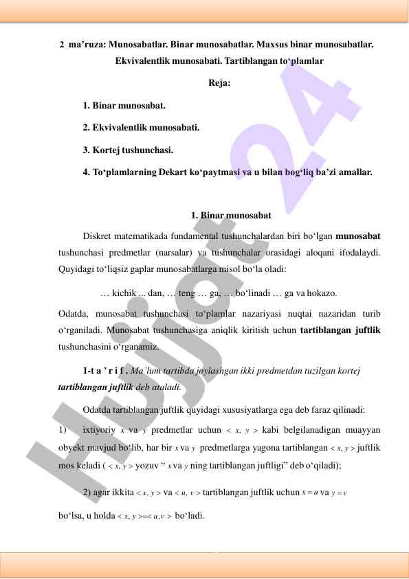Binar munosabatlar va ularning asosiy tushunchalari