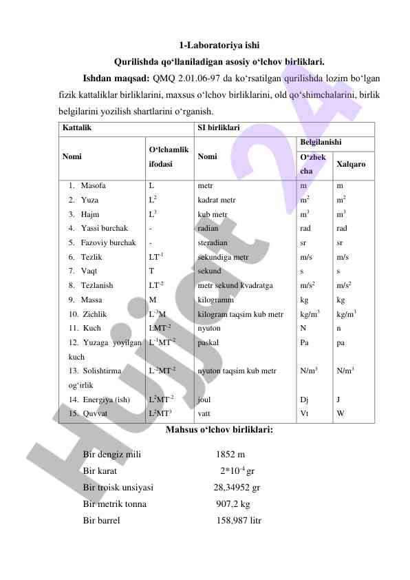 Qurilishda qo‘llaniladigan o‘lchov birliklari