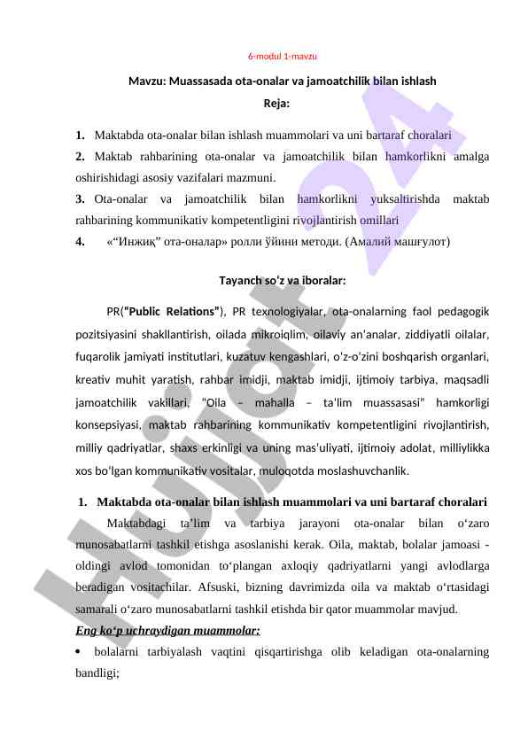 Muassasada ota-onalar bilan ishlash rejalari
