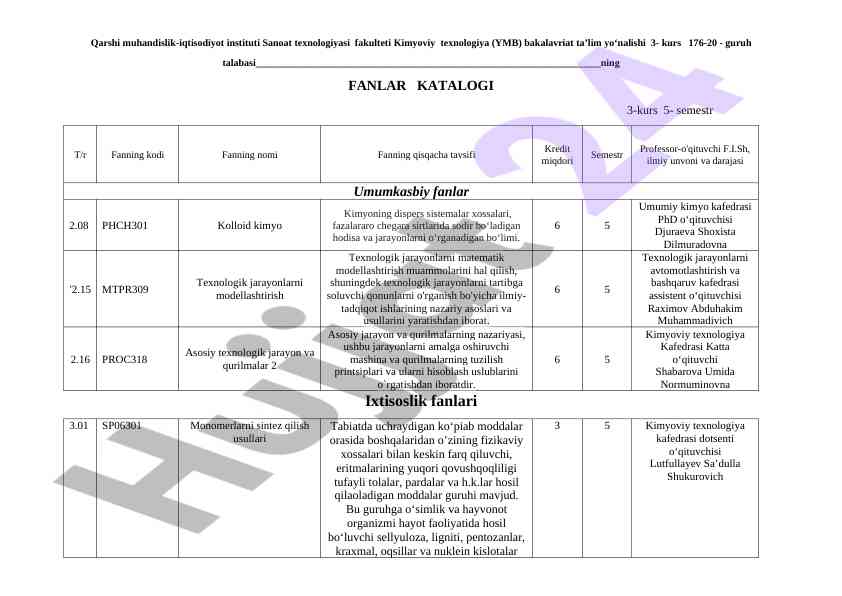Fanlar katalogi 3-kurs 5-semestr
