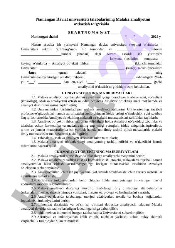 Malaka amaliyoti otkazish to'g'risida shartnoma