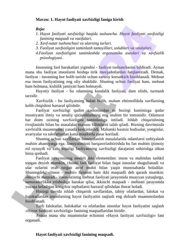 Hayot faoliyati xavfsizligi faniga kirish