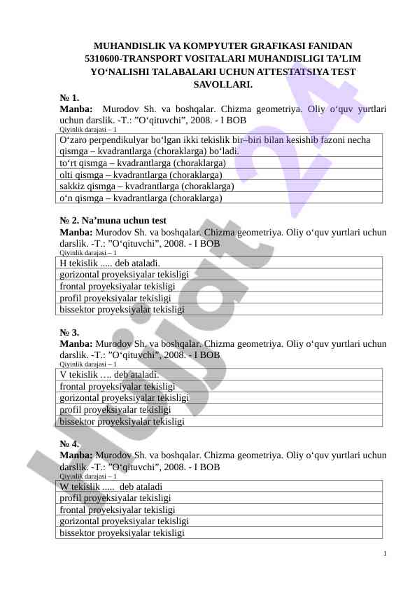 Attestatsiya test savollari muhandislik fanidan