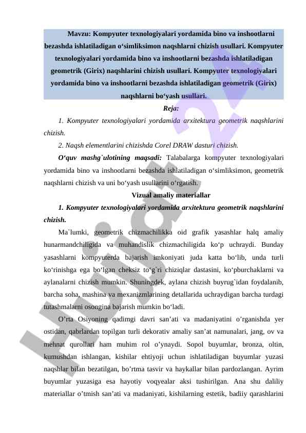 Geometrik naqshlarni chizish usullari bo‘yicha dars