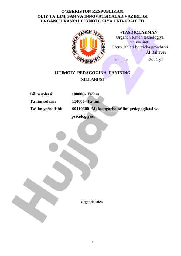 Ijtimoiy pedagogika fani sillabusi 2024