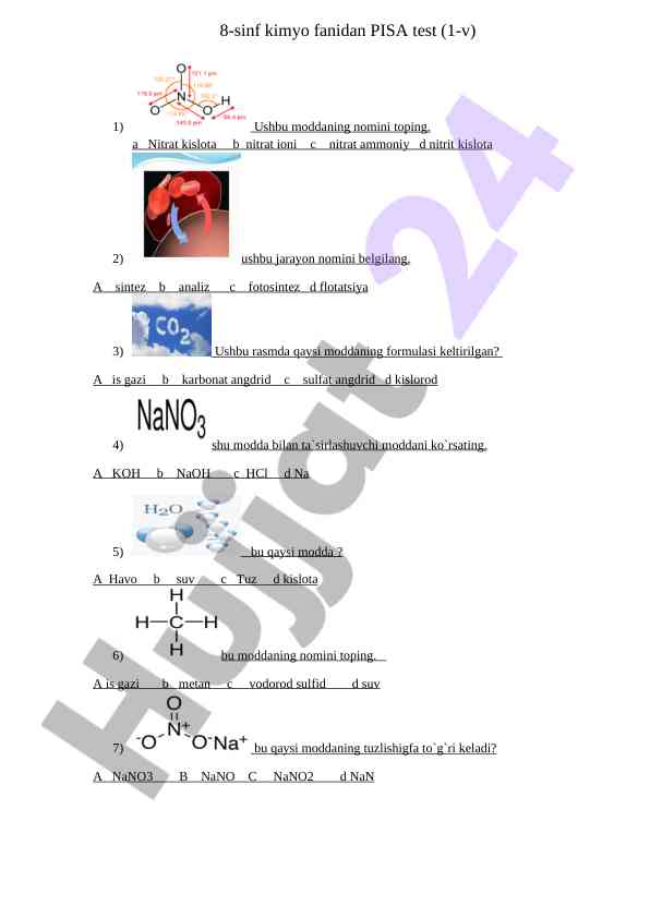 Pisa testi 8-sinf kimyo fanidan