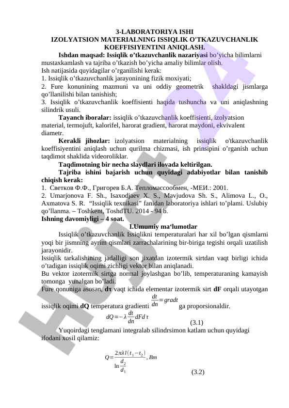 Issiqlik o'tkazuvchanlik koeffisientini aniqlash tajribasi