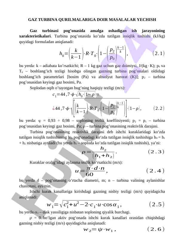Gaz turbina qurilmalariga doir masalalar yechish