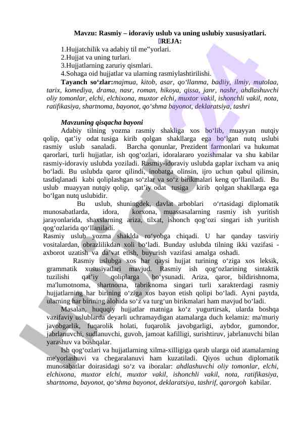 Rasmiy idoraviy uslub va uning xususiyatlari