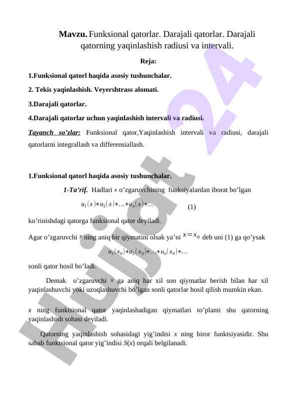 Funksional qatorlar va darajali qatorlarning yaqinlashishi