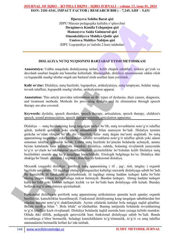 Dyslaliya nutq nuqsonini bartaraf etish metodikasi