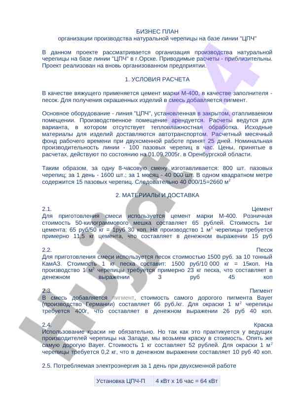Бизнес план производства натуральной черепицы