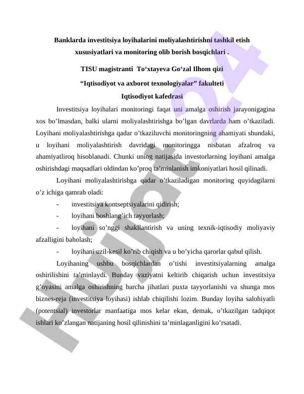 Banklarda investitsiya loyihalarini moliyalashtirish