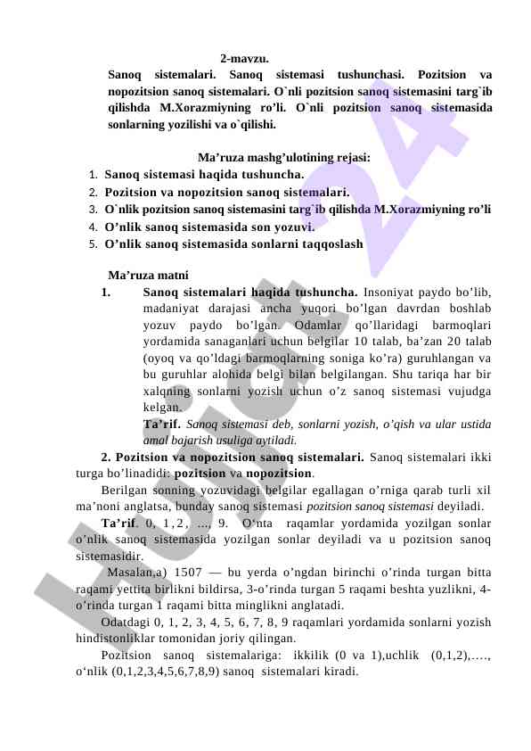Sanoq sistemalari tushunchalari va o`nlik pozitsion