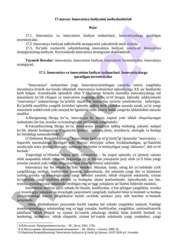 Innovatsiya faoliyatini moliyalashtirish tushunchalari