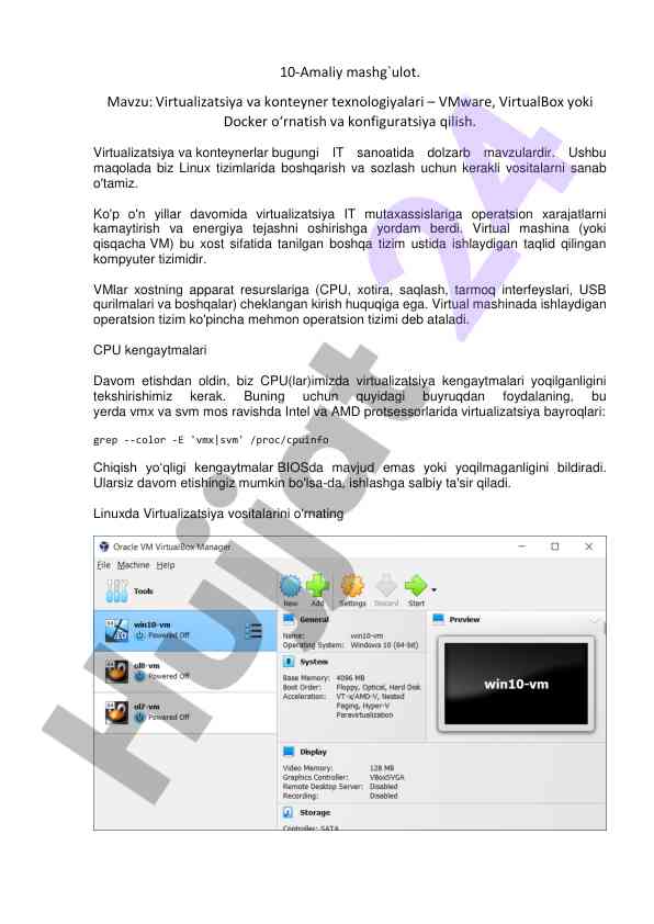 Virtualizatsiya va koneytner texnologiyalari o'rnatish