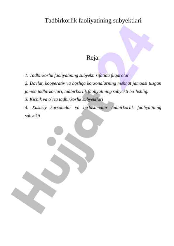 Tadbirkorlik faoliyatining subyektlari tahlili