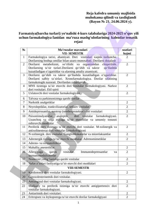 Farmakologiya fanidan kalendar tematik rejalar