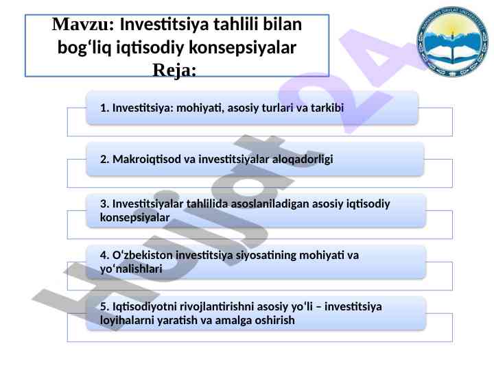 Investitsiya tahlili bilan bog‘liq iqtisodiy konsepsiyalar