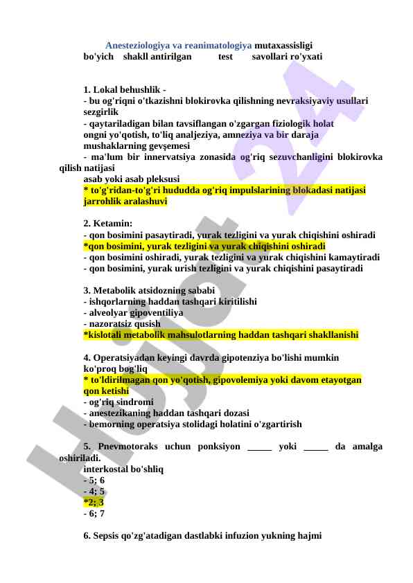 Anesteziologiya va reanimatologiya test savollari