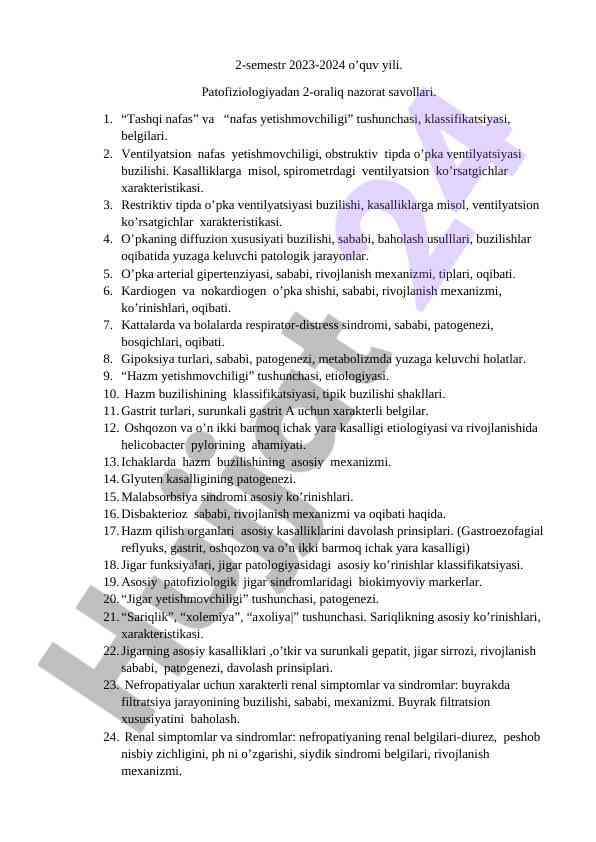 Patofiziologiyadan 2-oraliq nazorat savollari