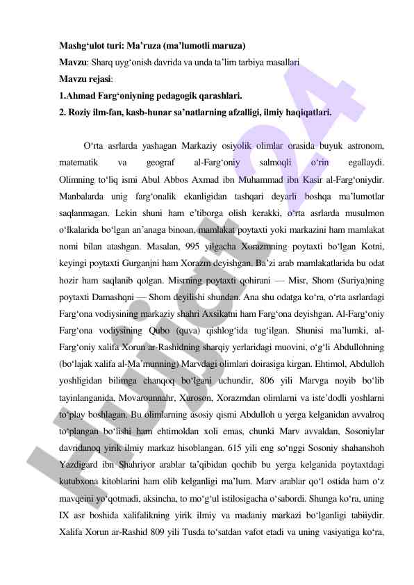 Sharq uyg‘onish davrida ta’lim tarbiya masallari
