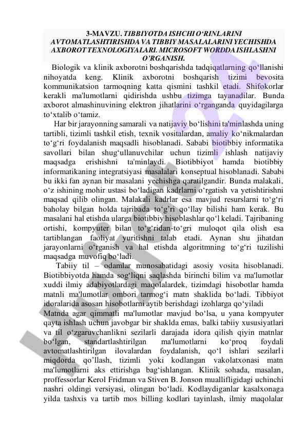 Tibbiyotda ishchi o‘rinlarini avtomatlashtirish