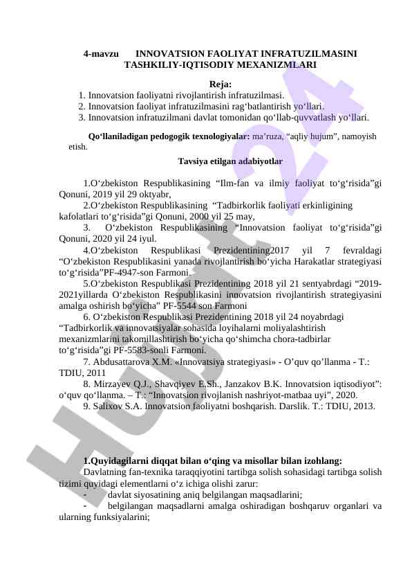 Innovatsion faoliyat infratuzilmasi tashkilotlari va mexanizmlari