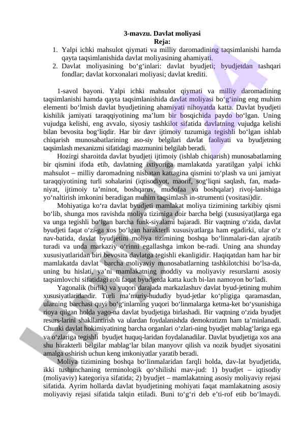 Davlat moliyasi asoslari va yalpi ichki mahsulot