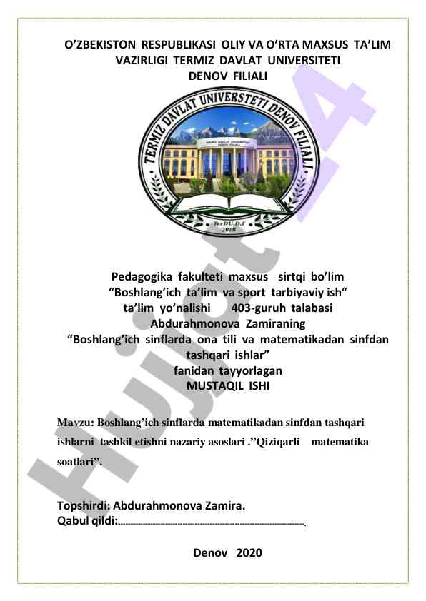 Boshlang'ich sinflarda matematikadan sinfdan tashqari ishlar