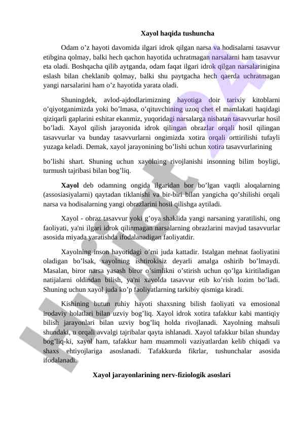 Xayol va tasavvur jarayonlarining asosiy tamoyillari