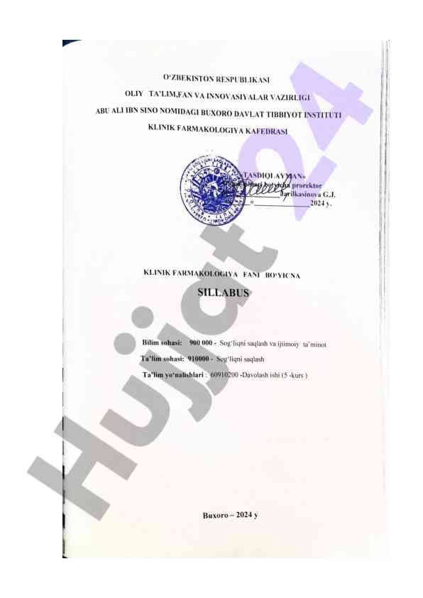 Klinik farmakologiya fani bo‘yicha syllabus